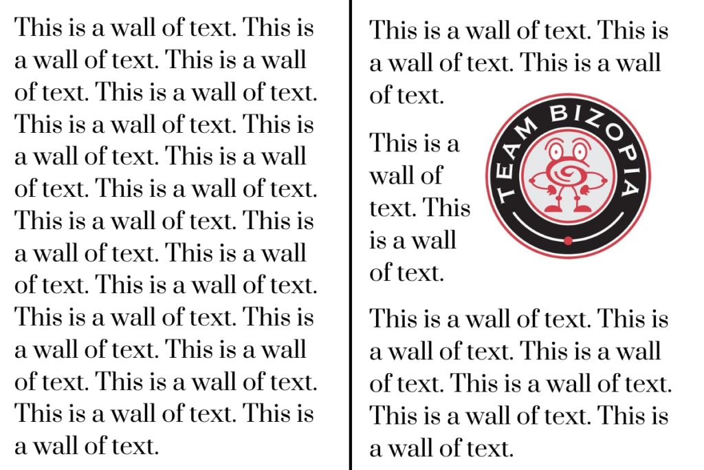 Wall of text illustration with and without optimized picture in content from digital marketing agency.